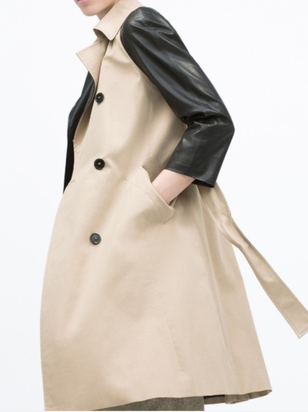 Zara Woman Two-Tone Trench Coat with Faux Leather Sleeves